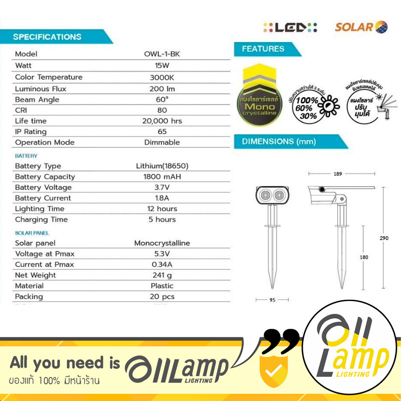 LED BEC Solar โคมไฟสนาม โซลาร์เซลล์ รุ่น OWL-1-BK 15W 3000K สีดำ (ปักดิน) ปรับความสว่างได้ 3 ระดับ ราคา ถูกที่สุด ดีลบีเคเค แกลเลอรีภาพที่ 3