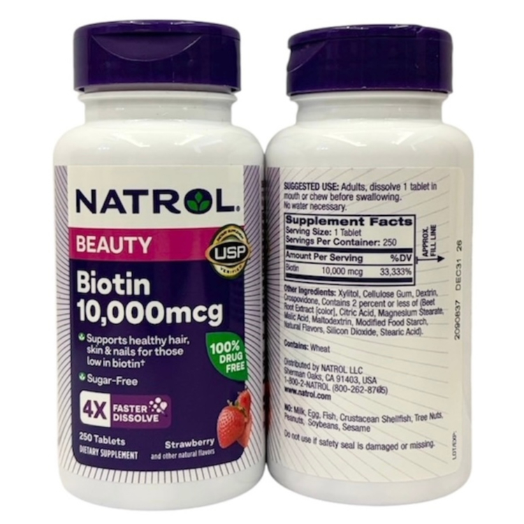 Exp.12/2026🔥🔥 (250 เม็ด) Natrol Biotin Beauty 10,000 mcg แบบอม ผิว ผม เล็บ รส สตรอว์เบอร์รี่