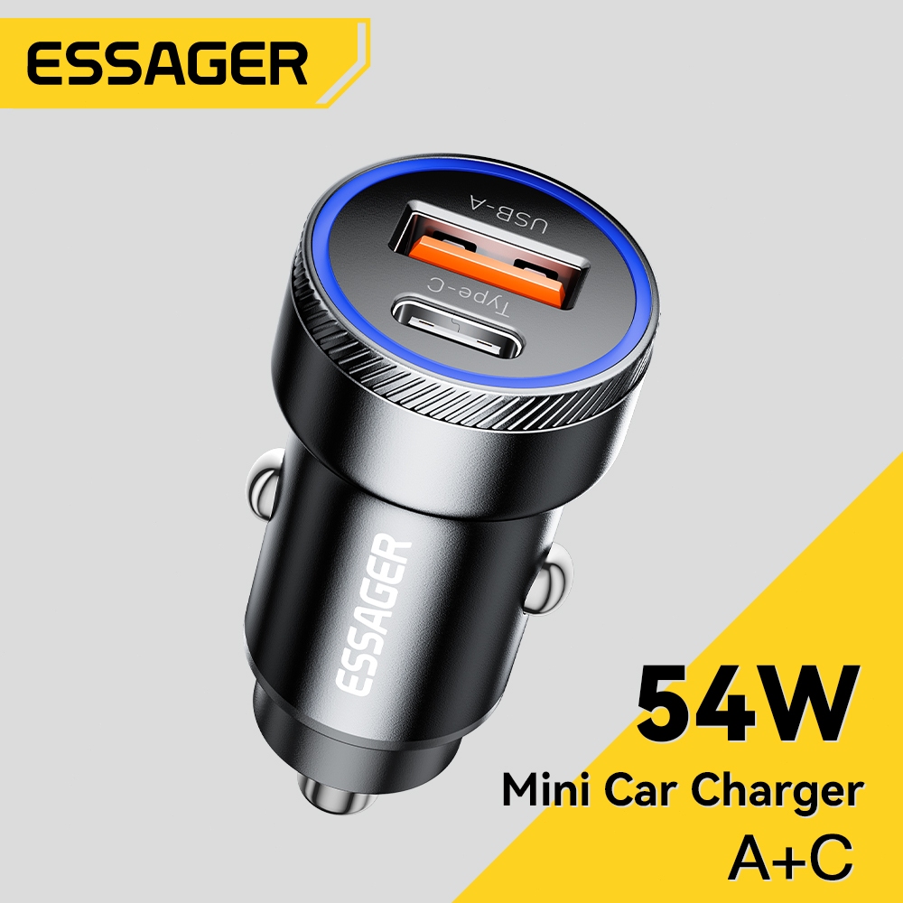 Essager เครื่องชาร์จในรถยนต์ 54W USB A Type C PD ชาร์จเร็ว ไฟหายใจ ชาร์จโทรศัพท์เร็ว