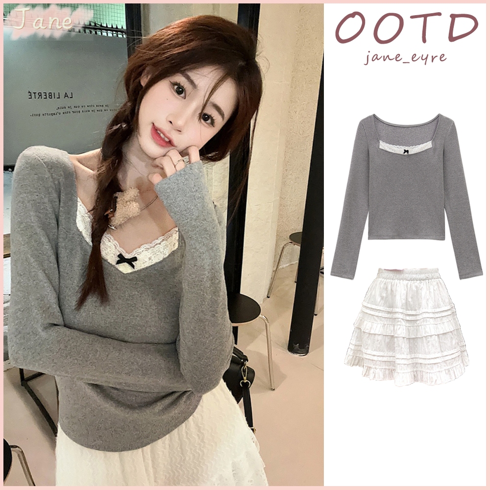 Splicing Brushed Bottoming เสื้อเสื้อยืดแขนยาวผู้หญิงเสื้อยืดขอบลูกไม้อเนกประสงค์ JN
