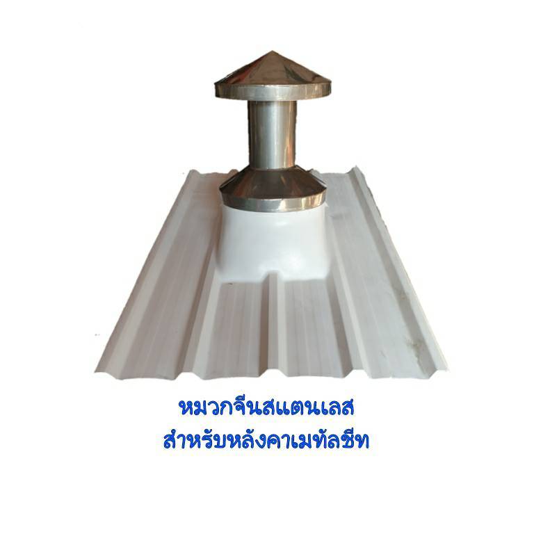 ชุดท่อหมวกจีนแสตนเลส 6"-8" ฐานไฟเบอร์หลังคาตามแบบต่างๆ มีตะแกรงแสตนเลสกันนกกันหนู