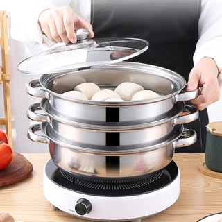 หม้อนึ่งสแตนเลส 1/2/3ชั้น รุ่นหูคู่ พร้อมฝาปิด ขนาด28CM หม้ออเนกประสงค์ ใช้กับตาแม่เหล็กไฟฟ้าได้