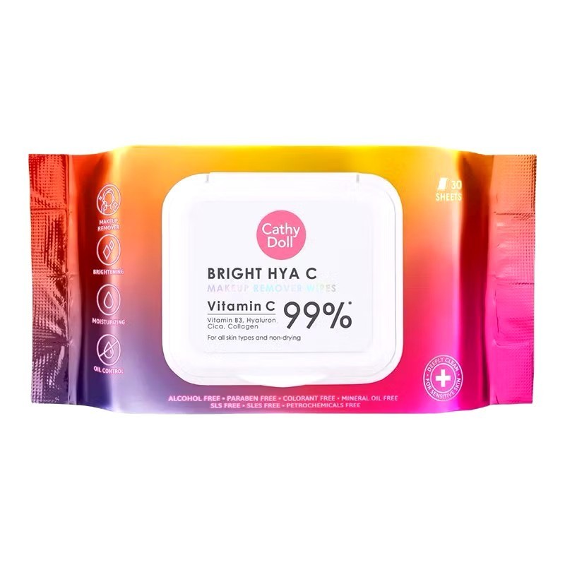 Cathy doll ทิชชู่เปียกเช็ดเครื่องสำอาง Bright HYA Vitc สูตรไบร์ทไฮยาวิตามินซี 99% 30แผ่น