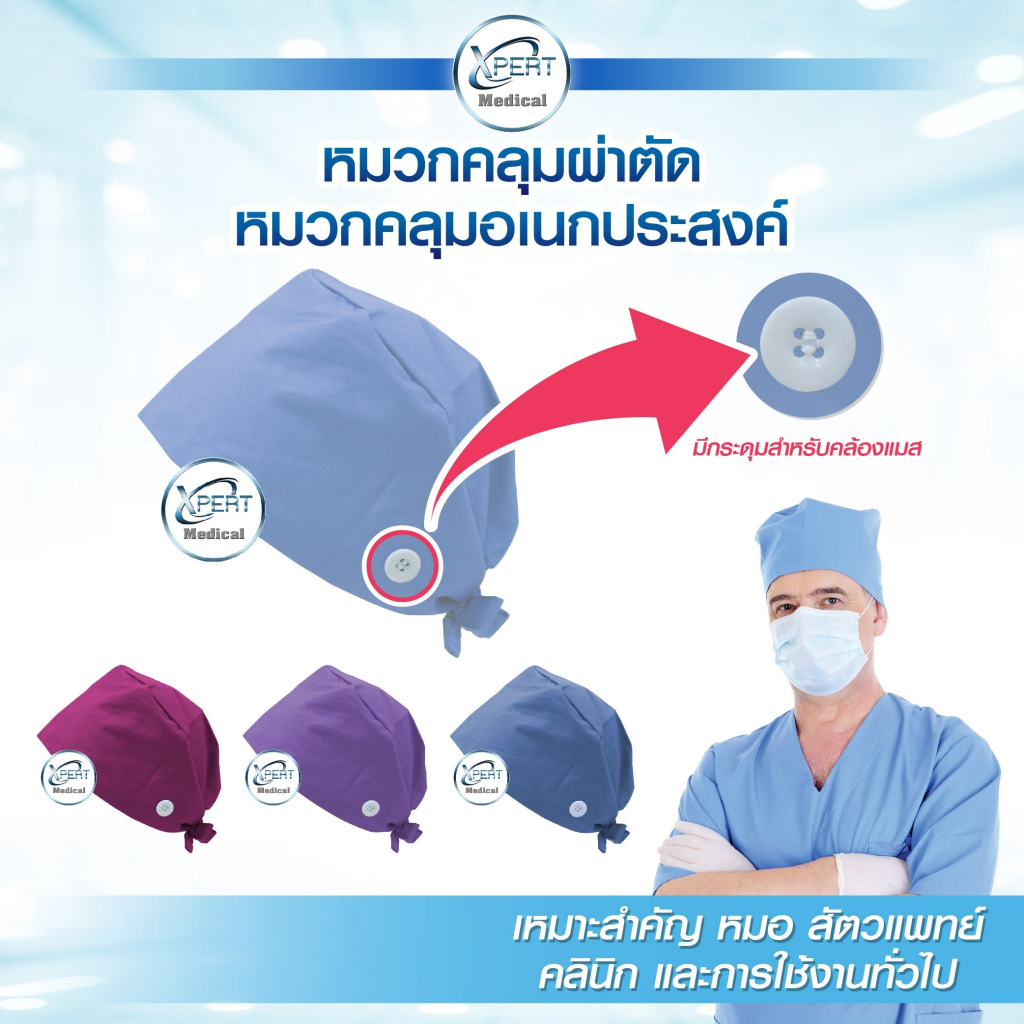 [พร้อมส่ง] หมวกผ่าตัด Scrub caps หมวกคลุมผม สําหรับหมอพยาบาล และทั่วไป สามารถปรับได้ มีกระดุมคล้องแมส เก็บผมได้ดี