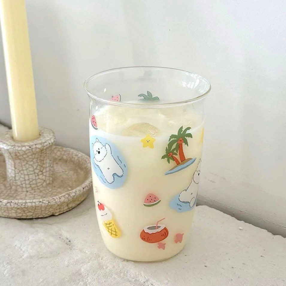 พร้อมส่ง🏝️แก้วน้ำทรงสูง แก้วน้ำผลไม้ แก้วใส่เครื่องดื่ม แก้ว Summer Happy น้องหมาพักร้อนบนเกาะ juice