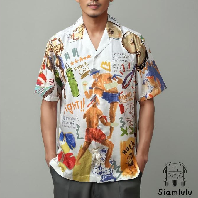 Siamlulu เสื้อฮาวายผู้ชาย ลาย “ มวยไทย Muay Thai ” สีขาว No.2