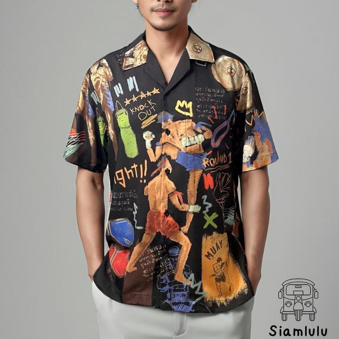 Siamlulu เสื้อฮาวายผู้ชาย ลาย “ มวยไทย Muay Thai ” สีดำ No.2
