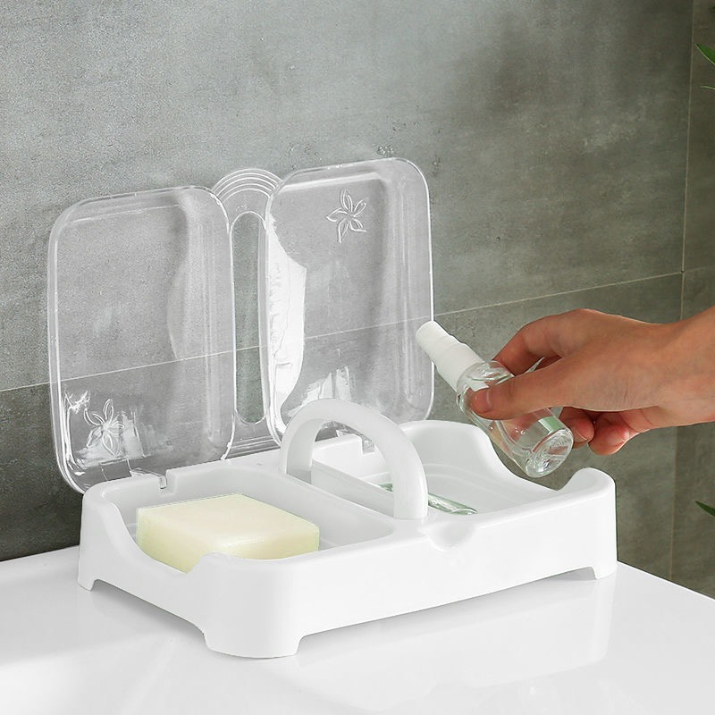 HEINOกล่องวางสบู่ 2 ช่อง พร้อมฝาปิดและรูระบายน้ำ ทนน้ำและชื้นในห้องน้ำและห้องครัว