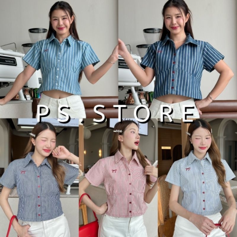 Copper  : เสื้ื้อคอปกลายริ้วผ้ายีนส์ ปักโบว์ งานกระดุมหน้า ใช้งานได้จริง