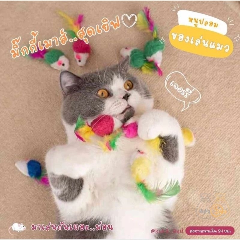 ของเล่นแมว หนูปลอม *สุ่มสี หนูขนนก หนูขนไก่ ของเล่นสัตว์เลี้ยงแก้เบื่อ ช่วยเสริมพัฒนาการ