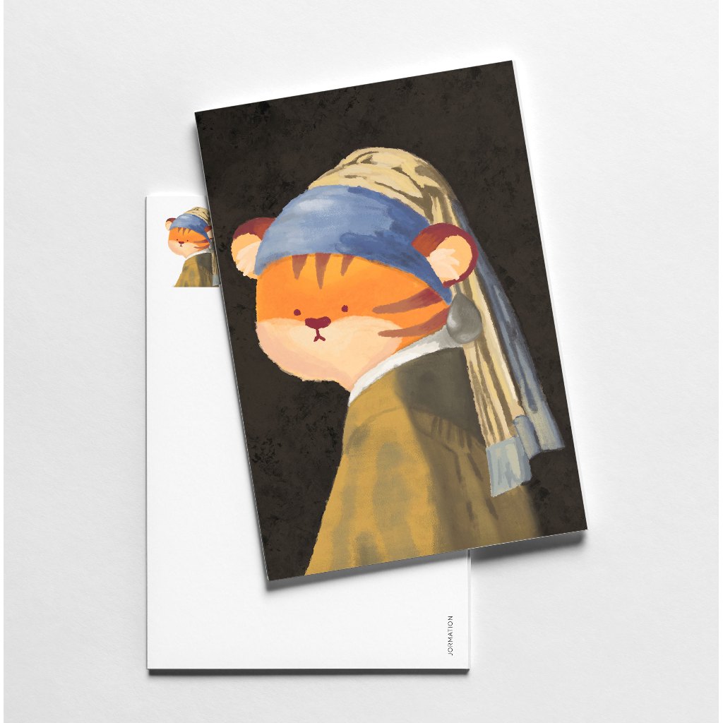 Tiger in Girl With A Pearl Earring Parody Postcard โปสการ์ด การ์ด ลายเสือในภาพวาดผลงานศิลปะ | Jormation