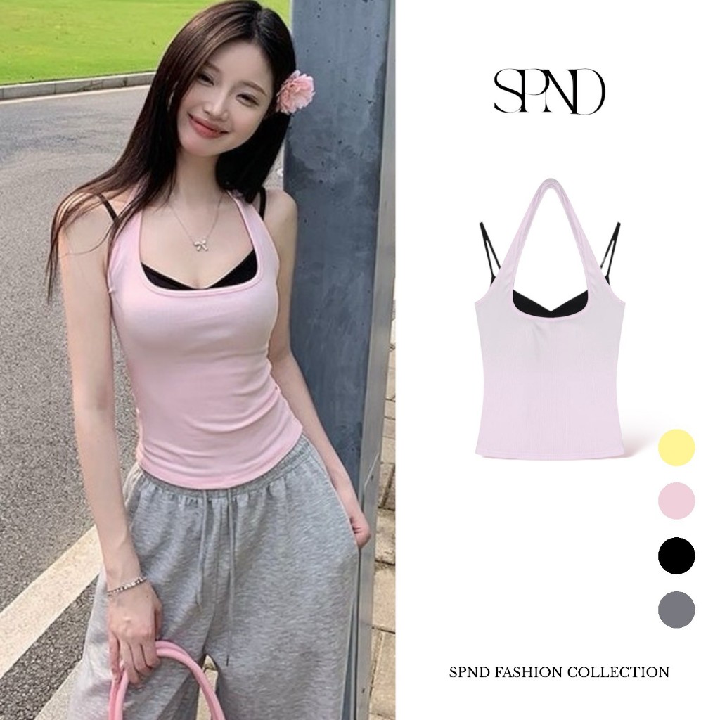 𝐒𝐏𝐍𝐃 【พร้อมส่ง】เสื้อครอป2ชั้นสุดเก๋ คล้องคอ( เสริมฟองน้ำ) พร้อมส่งทุกสี โทนสีหวานละมุน