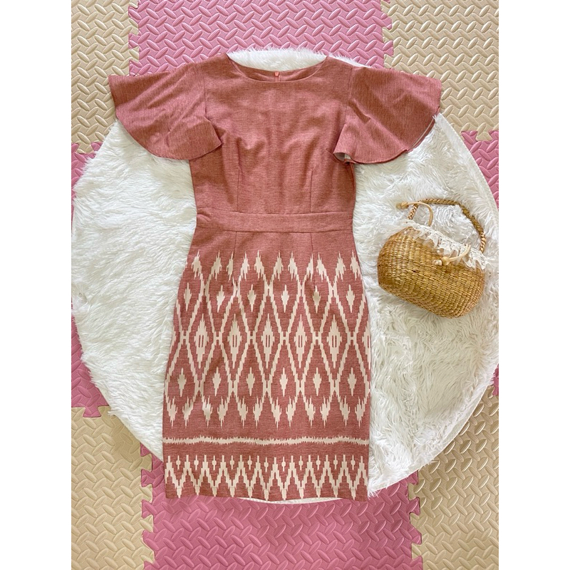 เดรสผ้าไทย ผ้าพิมพ์ลาย สีโอรส Elgrand