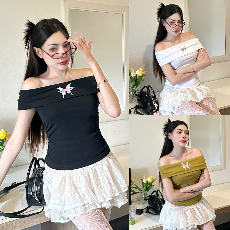 เสื้อปาดไหล่ ผ้ายืดยูนิ สกรีนผีเสื้อ 🌼ผ้ายืดเยอะสาวอวบใส่ได้ ทรงสวย แต่งย่นข้าง รุ่น ปาดไหล่ผีเสื้อ