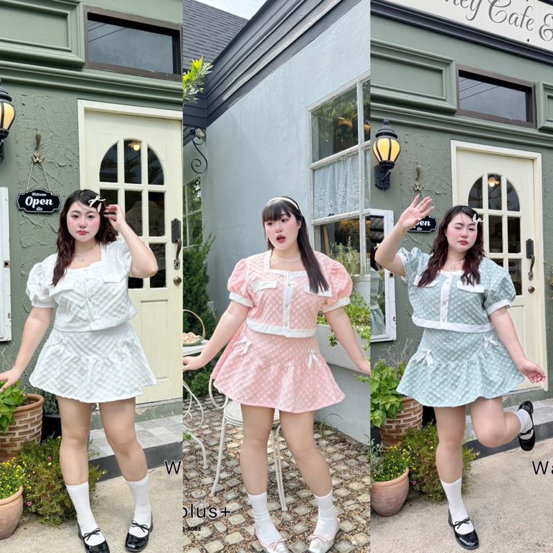(WR) เซต เสื้อ+กระโปรง ผ้าปั้มนูนลายดอกไม้ สุดน่ารัก ดีเทลกระโปรงติดโบว์ ใส่เที่ยว ใส่ออกงาน ได้ เสื้อผ้าสาวอวบอ้วน