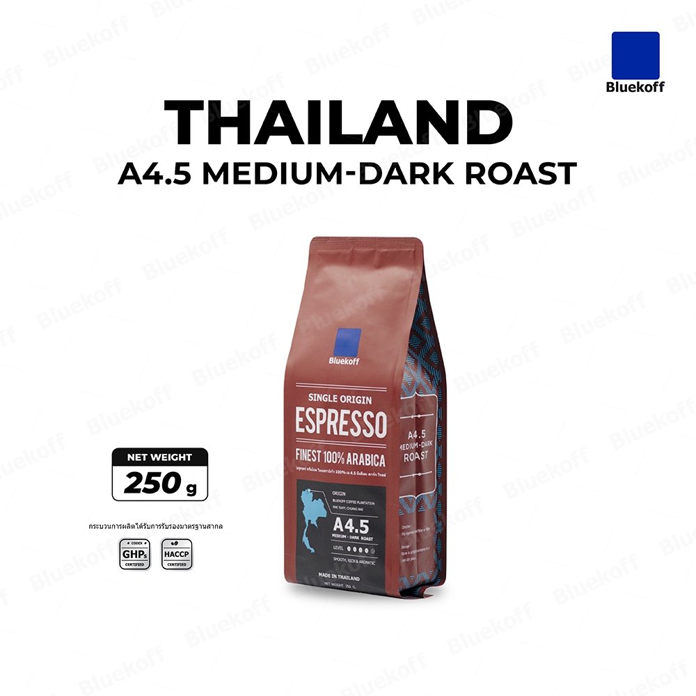 Bluekoff A4.5 เมล็ดกาแฟไทย อราบิก้า 100% Premium เกรด A คั่วสด ระดับคั่วกลางค่อนเข้ม (Medium-Dark Roast) บรรจุ 250 กรัม