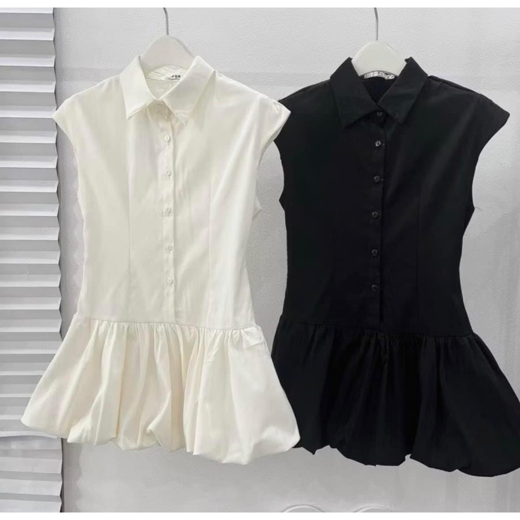 พร้อมส่ง เดรสทรงบอลลูนสไตล์ลูกคุณ ผ้าครัชคอปกกระดุมหน้าพร้อมสายผูกเอว A4991