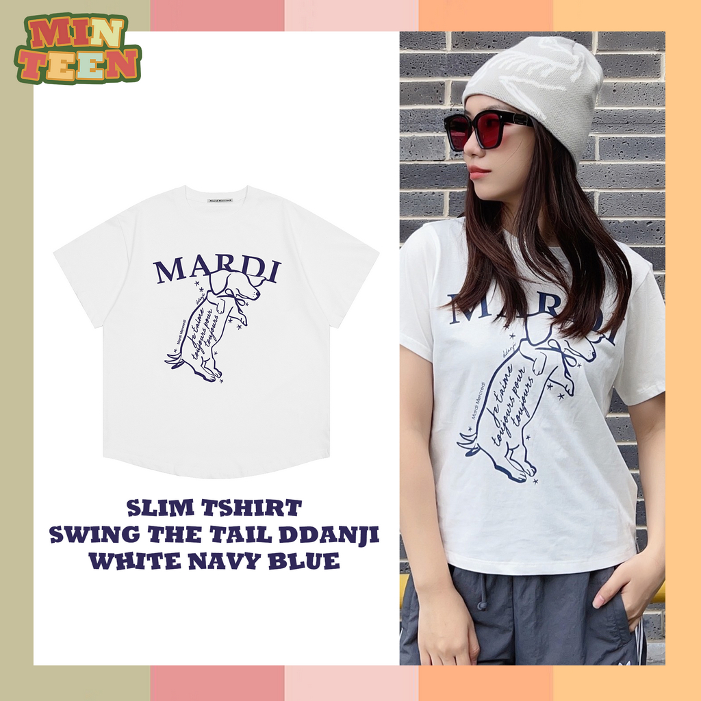 [จัดส่งภายใน 24 ชั่วโมง] Mardi Mercredi SLIM TSHIRT SWING THE TAIL DDANJI IVORY NAVY นำเข้าจากเกาหลี ของแท้