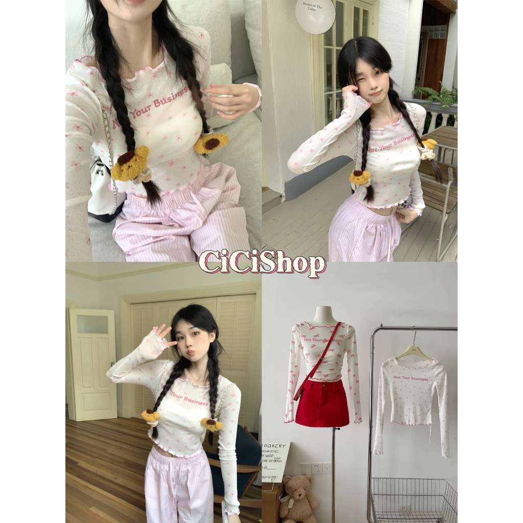 Cicishop (1366) เสื้อคอยูแขนยาว detail แต่งลายดอกไม้พร้อมสกรีนลายลูกเล่นตรงแขนและชายเสื้อสไตล์เกาลี