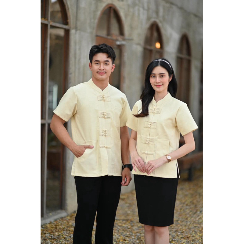 เสื้อคอจีนแขนสั้น สีครีม เนื้อผ้าชินมัย #เสื้อพื้นเมือง #เสื้อผ้าฝ้ายเชียงใหม่