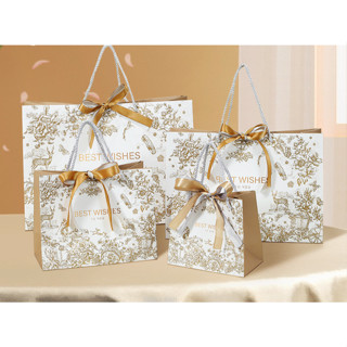 🍭🍭GIFT🍭🍭 ถุงกระดาษ ถุงของขวัญ สีขาวทอง best wishes พร้อมโบว์…
