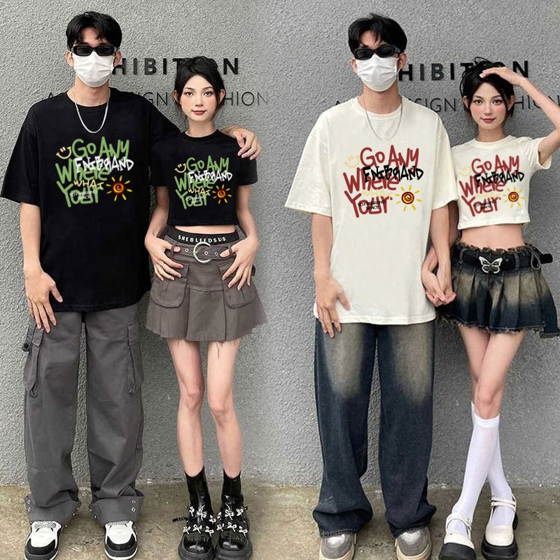 เสื้อครอปแขนสั้น เอวลอย ผู้หญิง ทรงสลิมฟิต สวมใส่สบาย ผ้านิ่มมาก เสือยืดโอเวอร์ไซส์คู่รักชายหญิง สกรีนลายเท่ๆ เสื้อลําลอ