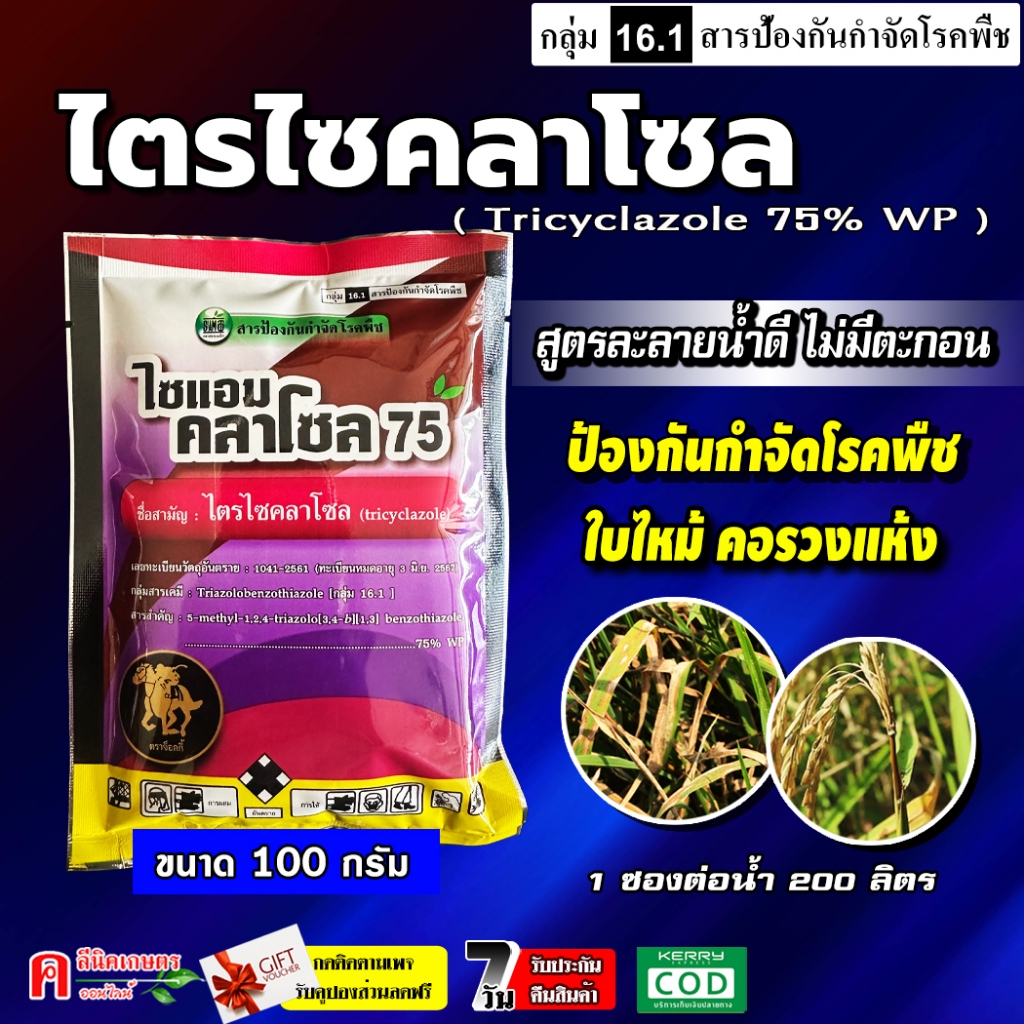 ไซแอมคลาโซล ( 100g ) ไตรไซคลาโซล ใช้ป้องกันและกำจัดโรคพืช เชื้อรา ใบไหม้ กาบใบแห้ง คอรวงแห้ง