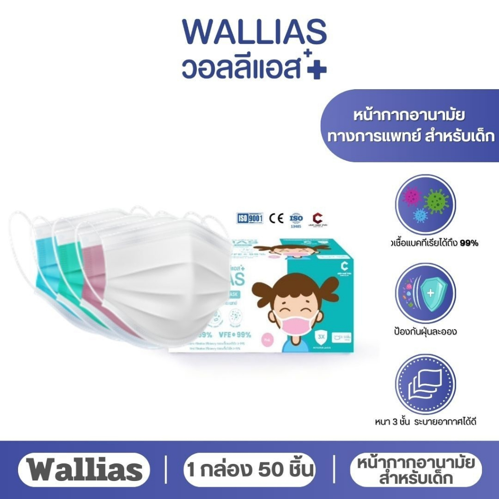 Wallias หน้ากากอนามัยเด็ก Mask KID ยี่ห้อ Wallias BFE>99% หน้ากากอนามัย หนา 3ชั้น ของเด็ก แบบ1/2/3กล่อง
