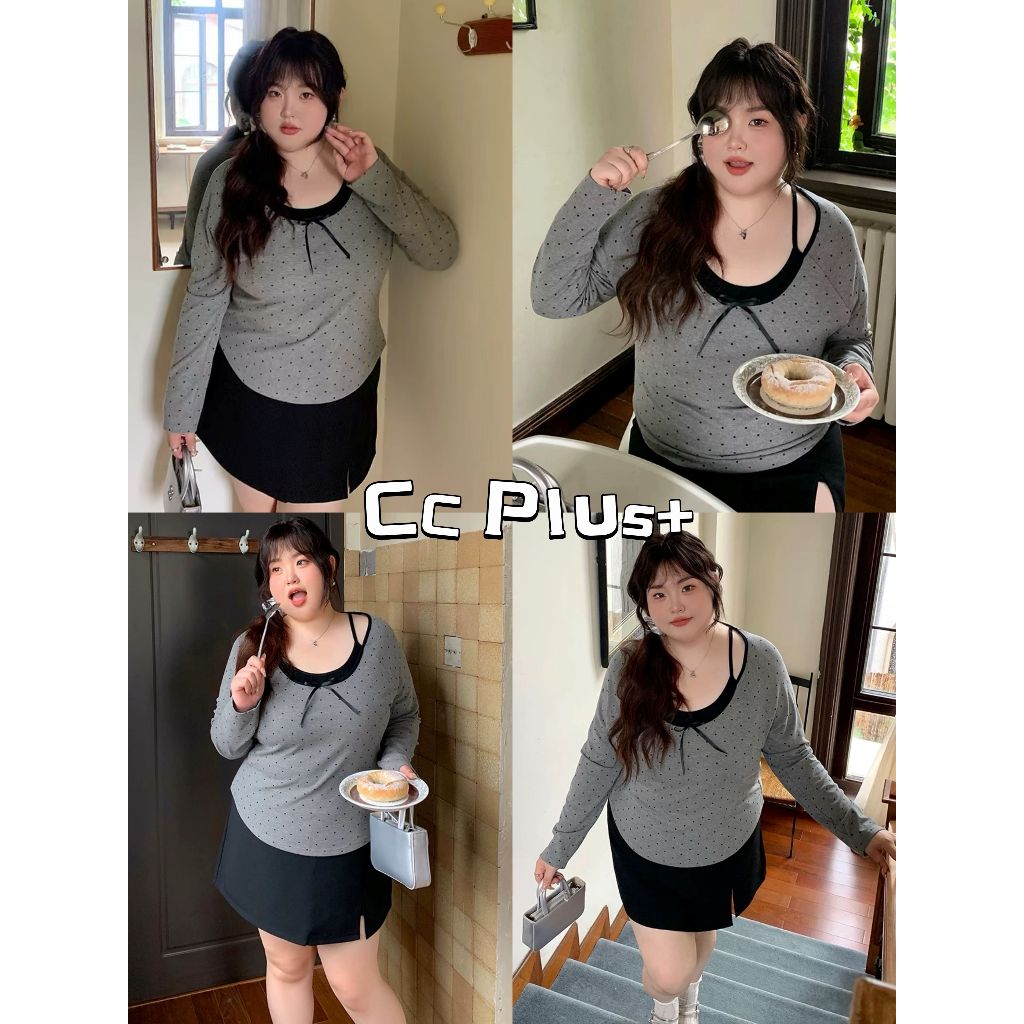 CC Plus+(1351) เสื้อแขนยาวคอยูลายจุดดีเทลแต่งสายเดี่ยวด้านในพร้อมโบว์ตกแต่งด้านหน้าสไตลืเกาหลี เหมาะ