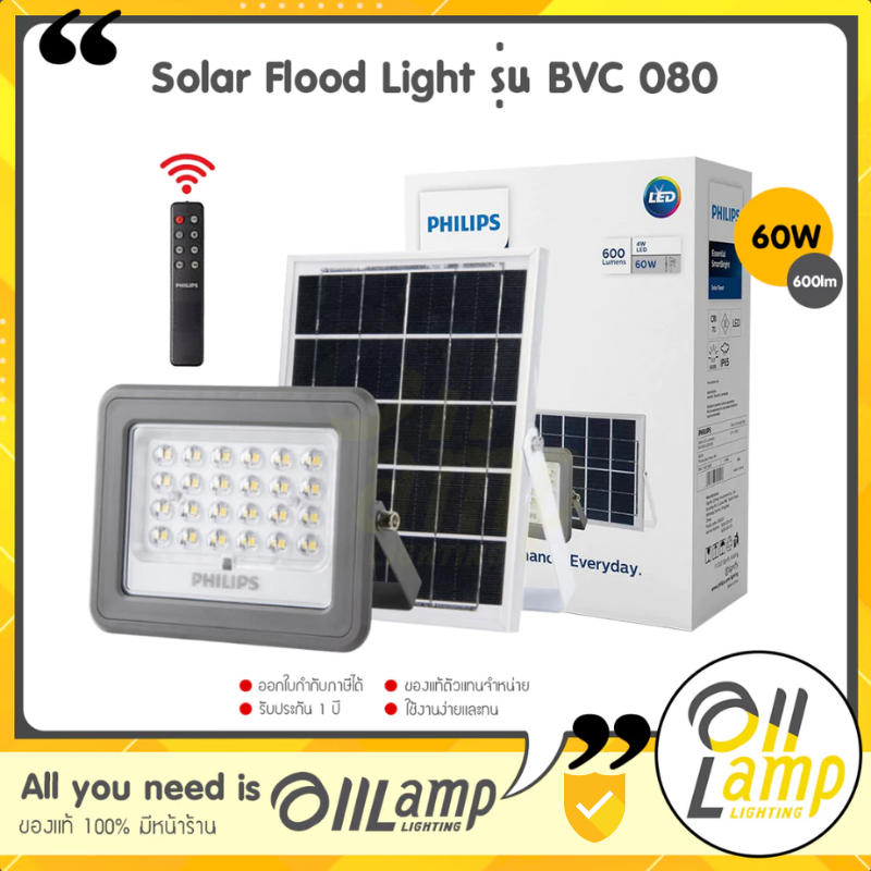 Philips solar PRO โคมไฟโซล่าเซลล์ 60w 600lm Solar Flood Light รุ่น BVC080 ไฟฟลัดไลท์ ไฟสปอร์ตไลท์