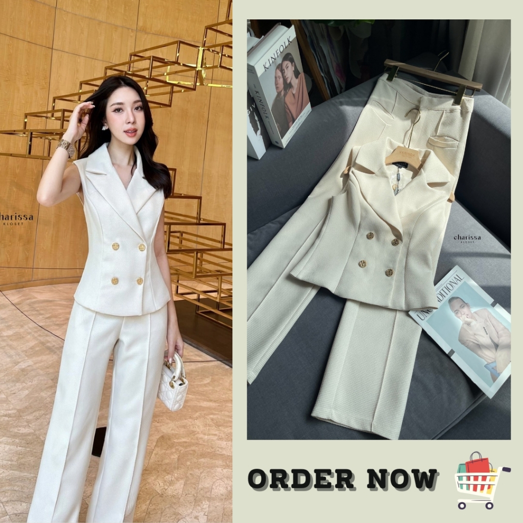 พร้อมส่ง SML ชุดเซ็ทสีขาวครีม งานป้าย Charissa ชุดทำงานสวยๆ Old Money Style