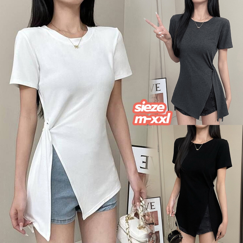 MIMI&DIDI#เสื้อยืดแขนสั้น ทรงเข้ารูป ฤดูร้อนความยาวปานกลางร่องด้านข้างไม่สม่ำเสมอผูกดีไซน์ด้านบน สำหรับผู้หญิง#2663