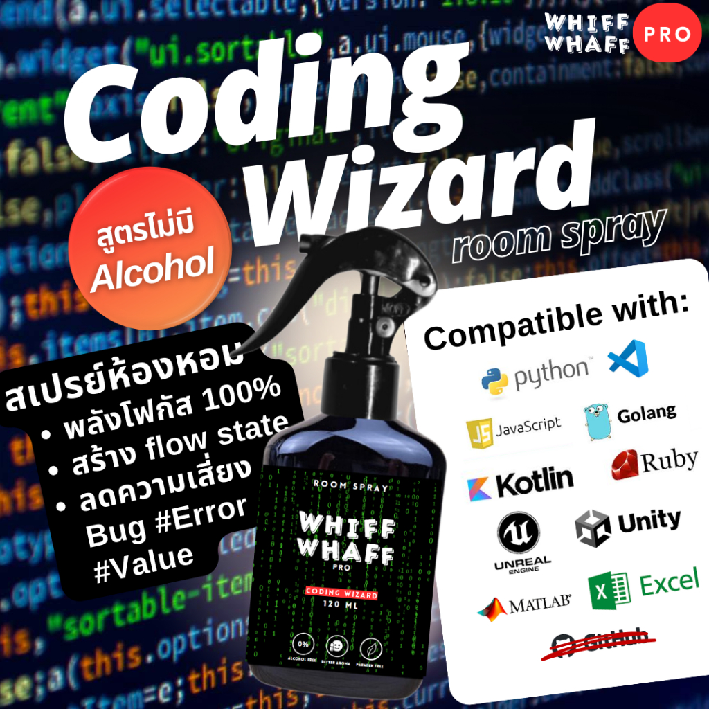 Whiffwhaff Pro Room Spray 120 ml Coding Wizard  สเปรย์ห้องหอมเพิ่มโฟกัส Coder, Financial Modeler, Sp