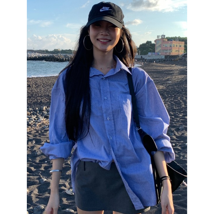 ❣Fortunee ❣เสื้อเชิ้ตแขนยาวลายตารางเล็กสีน้ำเงิน สำหรับฤดูใบไม้ร่าง สไตล์เกาหลี ให้ความรู้สึกสบาย