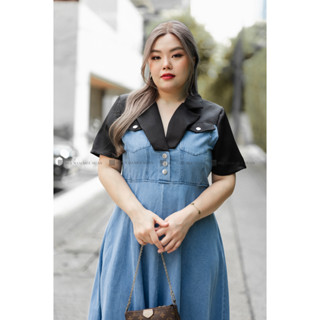 DR225 เดรสยีนส์ปกดำ เสื้อผ้าพลัสไซส์ Plussize fashion ชุดคนอ้วน แฟชั่นสาวอวบ