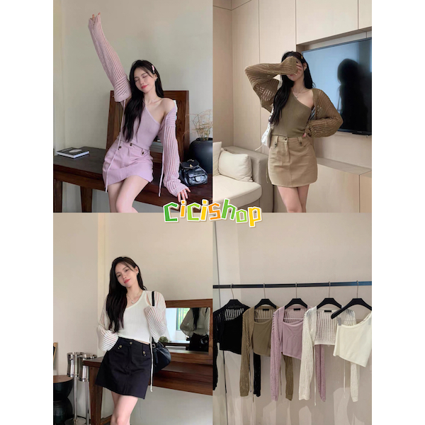 Cicishop(SALE C1668)ชุด SET ไหมพรม เสื้อปาดไหล่+เสื้อคุลม สีพื้น ทรงเกร๋ๆ จับแมทซ์ได้ง่าย