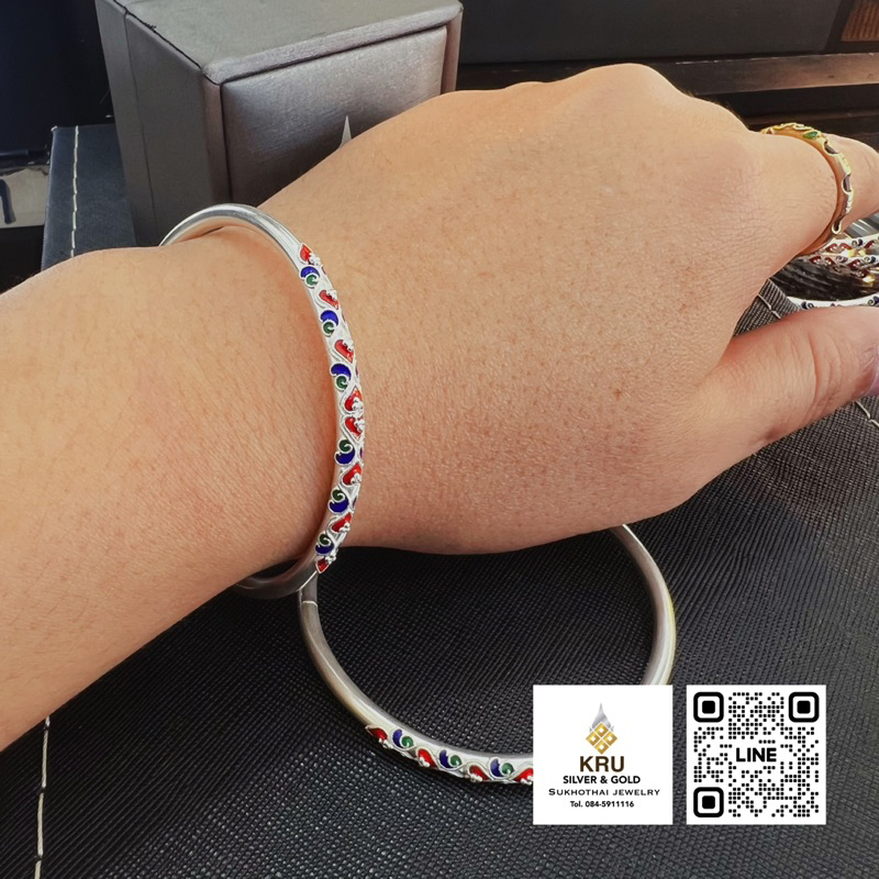 กำไลเงินสุโขทัย กำไลหลอดติดลายลงยา เงิน99.9%