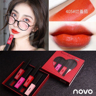 เซตลิป NOVO 4แท่ง กล่องแดง ลายจุด เนื้อเวลเวท กำมะหยี่ เนื้อดี สีสวย ติดทน โทนแดงชมพู