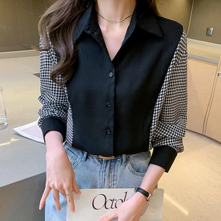 เสื้อเชิ้ตแฟชั่นผู้หญิง เชิ๊ตสาวอวบ สีดำ แต่งลายชิโนริ