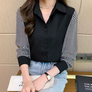 เสื้อเชิ้ตแฟชั่นผู้หญิง เชิ๊ตสาวอวบ สีดำ แต่งลายชิโนริ
