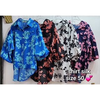 เสื้อเชิ้ตผู้หญิง สาวอวบ ผ้า SILK อก 50 ลายดอกไม้ TRUE Love สวย สีสด มีดีเทลสไตล์เกาหลี กระดุมหน้า แขนบอลลูน