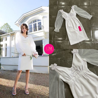 Lalisa999ราคาถูกที่สุด!! LM Lemonade เดรสคอวีแขนพอง แต่งโบว์ช่วงหน้าอก
