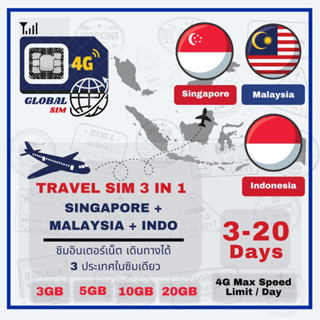 SIM 3 in 1 มาเลย์+สิงค์โปร์+อินโดนิเซีย Singapore + Malaysia + Indonesia 3-15 Days 4G Max speed limit/ day