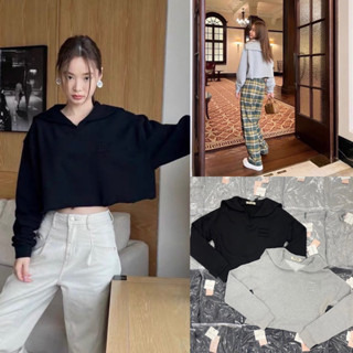 Miu sweater crop 💫 เสื้อแขนยาวคอวีแบรนด์ดัง ดีไซน์แต่งปก ปักโลโก้แบรนด์ ผ้าเนื้อดี ทรงน่ารักมาก