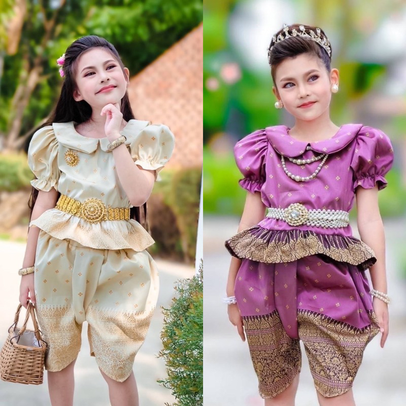 ชุดไทยเด็ก คอบัวผ้าไหมเทียม โจงกระเบนสำเร็จรูปผ้าลายไทย