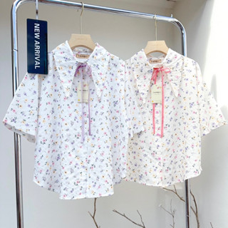 Blooming Shirt With Ribbon เสื้อเชิ้ตปกแหลม แขนสั้น ทรง Oversize ผ้าลายดอก