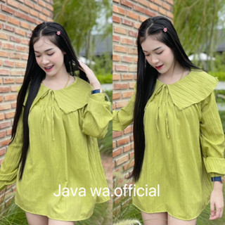 🔥Java wa shop🔥มินิเดรสคอปกแต่งระบาย1ชั้น🌷ผ้าดอปบี้งานแขนยาว เพิ่มโบว์ให้ผูกด้านหน้า