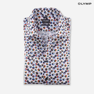 OLYMP GREEN CHOICE LUXOR Shirt เสื้อเชิ้ตชายแขนสั้นรักษ์โลก สีม่วง ลายพิมพ์กราฟฟิก ทรงหลวม ใส่สบาย รีดง่าย