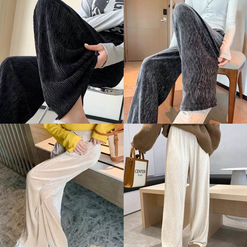 EARNXSHOP | NEW PLEAT PANTS กางเกงอัดพลีทผ้ากำมะหยี่ ผ้าหนาทรงสวย กางเกงกำมะหยี่ (อ่านไซซ์ในรายละเอียด)