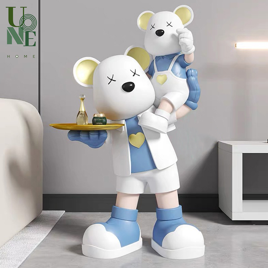 UoneHome พร้อมส่ง H130 โมเดลหมีหัวใจพ่อลูก ถือถาด วัสดุเรซิน ดีไซน์สร้างสรรค์ ของแต่งบ้าน ห้องนั่งเล่น ของขวัญหรูหรา